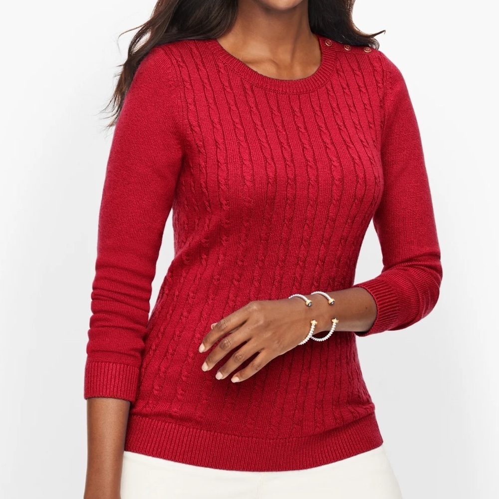 Talbots Women M Red Button Shoulder Crew Neck Supersoft Cable Knit Sweater